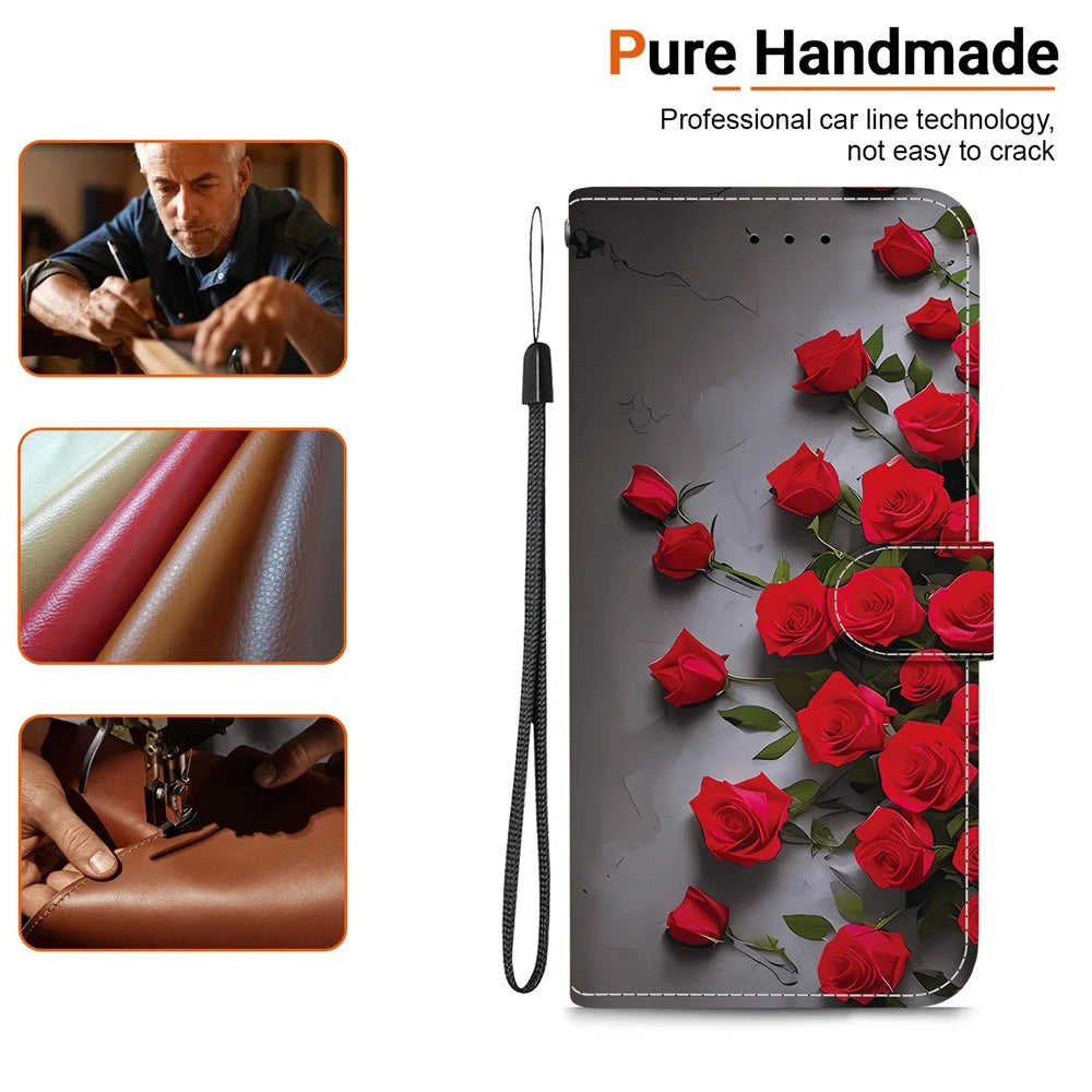 For iPhone 16 Pro Leather Case Stand Wallet Pattern Printing Phone Cover with Wrist Strap - Red Rose - 4