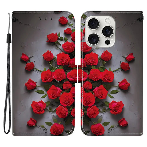 For iPhone 16 Pro Max Leather Case Stand Wallet Pattern Printing Phone Cover with Wrist Strap - Red Rose - 1