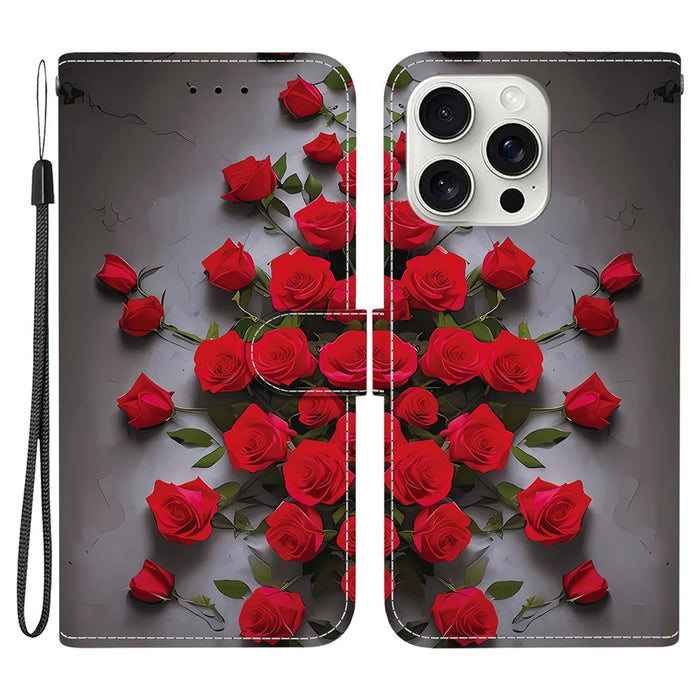 For iPhone 16 Pro Max Leather Case Stand Wallet Pattern Printing Phone Cover with Wrist Strap - Red Rose - 1