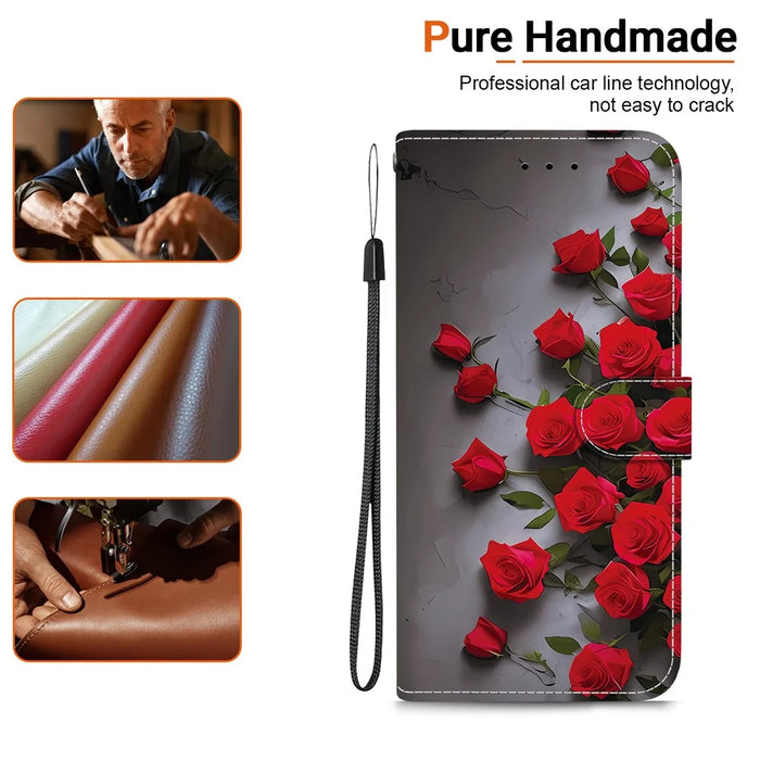 For iPhone 16 Pro Max Leather Case Stand Wallet Pattern Printing Phone Cover with Wrist Strap - Red Rose - 4