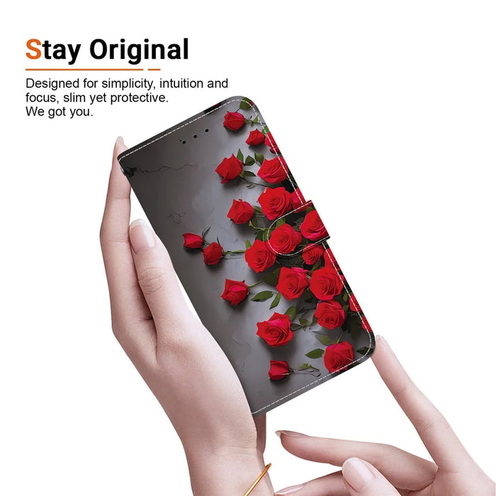 For iPhone 16 Pro Max Leather Case Stand Wallet Pattern Printing Phone Cover with Wrist Strap - Red Rose - 5
