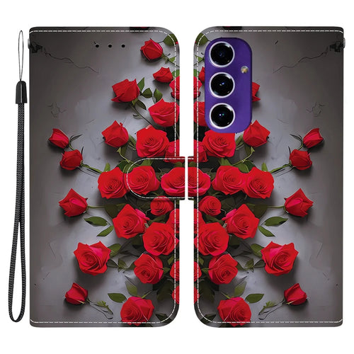 For Samsung Galaxy S24 FE Leather Case Stand Wallet Pattern Printing Phone Cover with Wrist Strap - Red Rose - 1