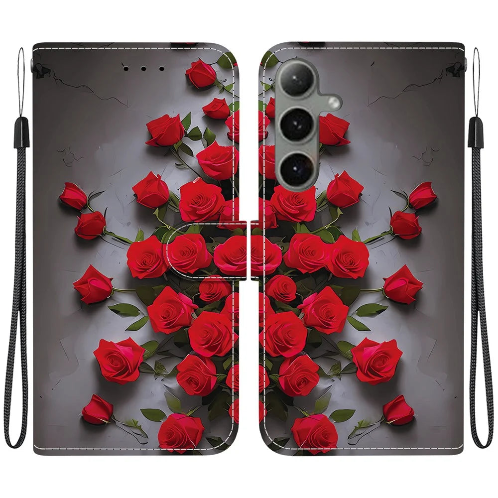 For Samsung Galaxy S25  /  S24 Leather Case Stand Wallet Pattern Printing Phone Cover with Wrist Strap - Red Rose - 1