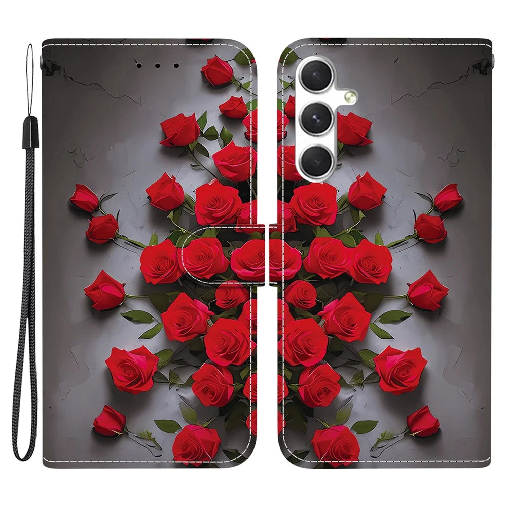 For Samsung Galaxy S25+  /  S24+ Leather Case Stand Wallet Pattern Printing Phone Cover with Wrist Strap - Red Rose - 1
