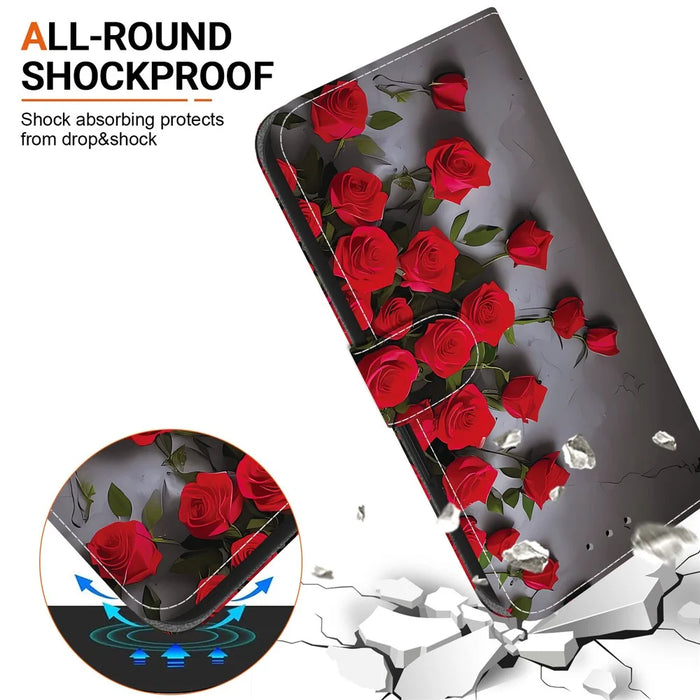 For Samsung Galaxy S25+  /  S24+ Leather Case Stand Wallet Pattern Printing Phone Cover with Wrist Strap - Red Rose - 6