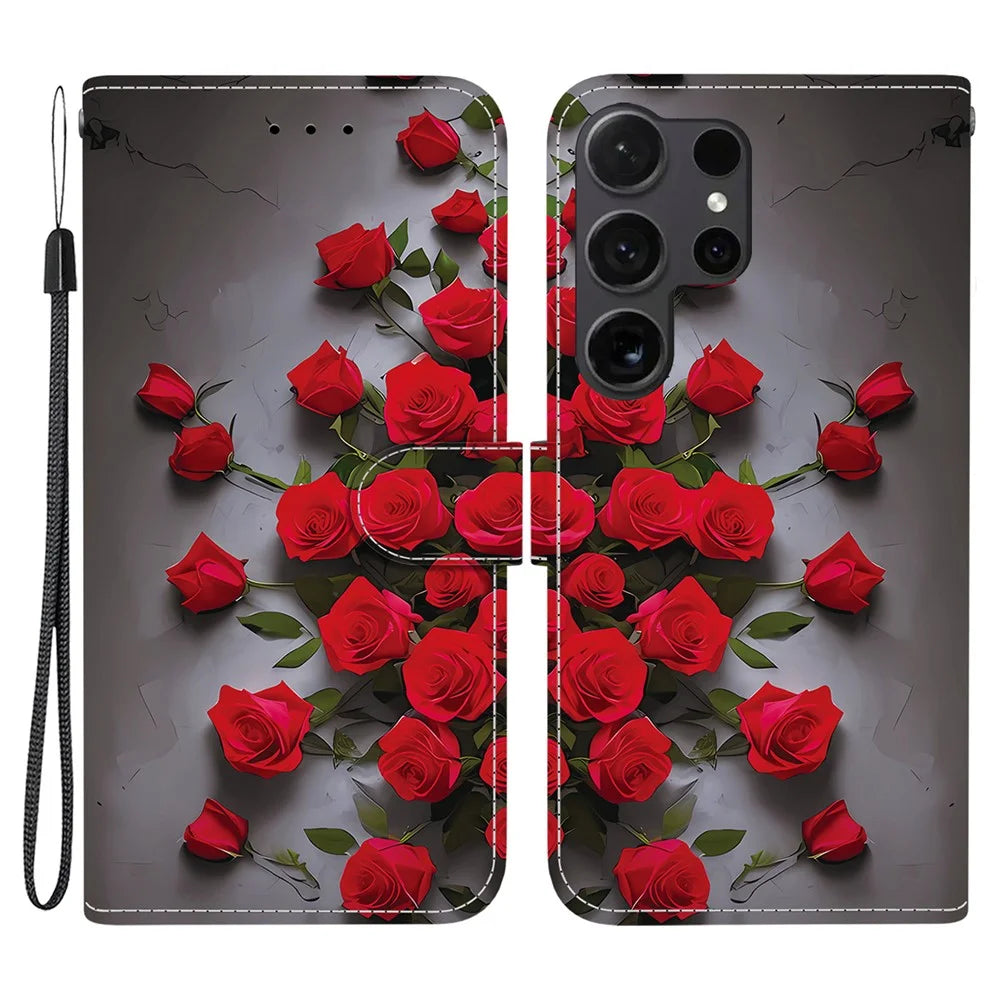 For Samsung Galaxy S25 Ultra Leather Case Stand Wallet Pattern Printing Phone Cover with Wrist Strap - Red Rose - 1