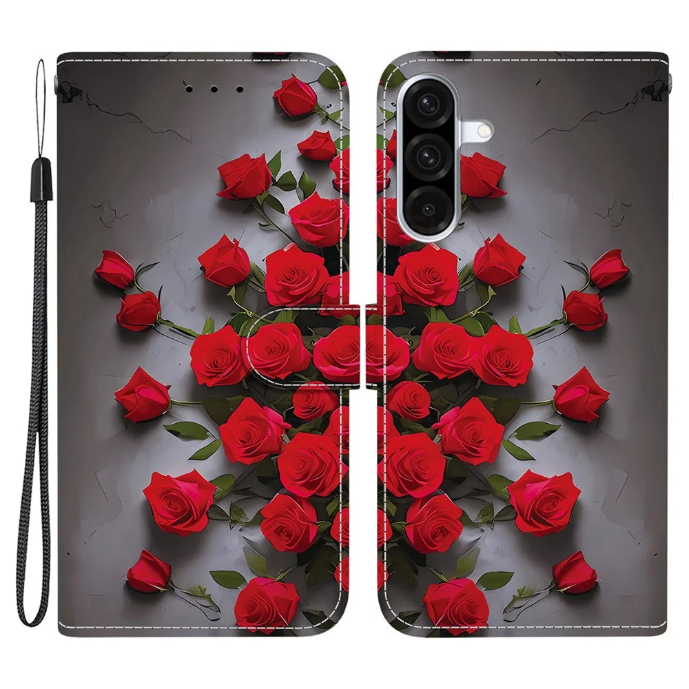 For Samsung Galaxy A36 5G Leather Case Stand Wallet Pattern Printing Phone Cover with Wrist Strap - Red Rose - 1