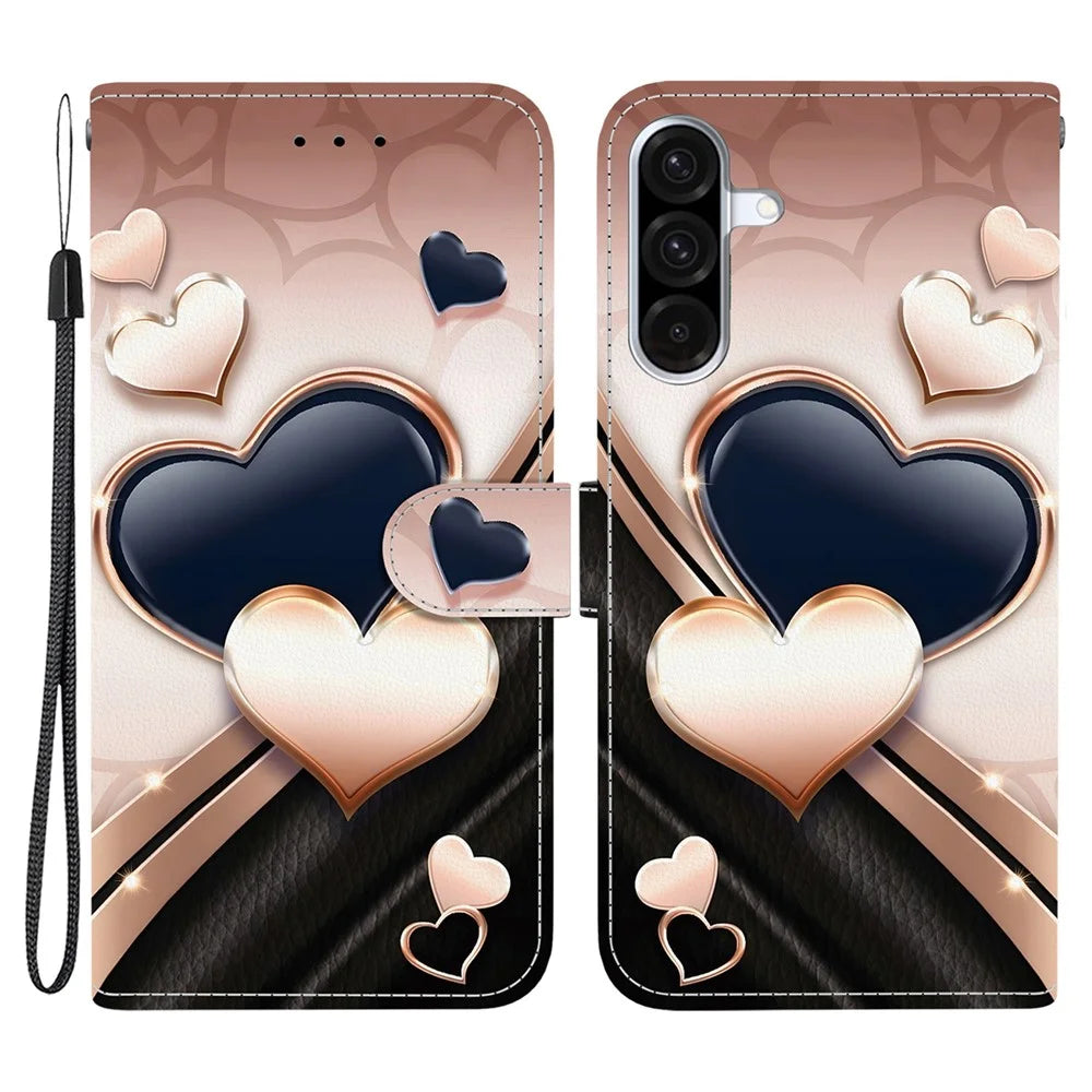 For Samsung Galaxy A56 5G Leather Case Stand Wallet Pattern Printing Phone Cover with Wrist Strap - Love - 1