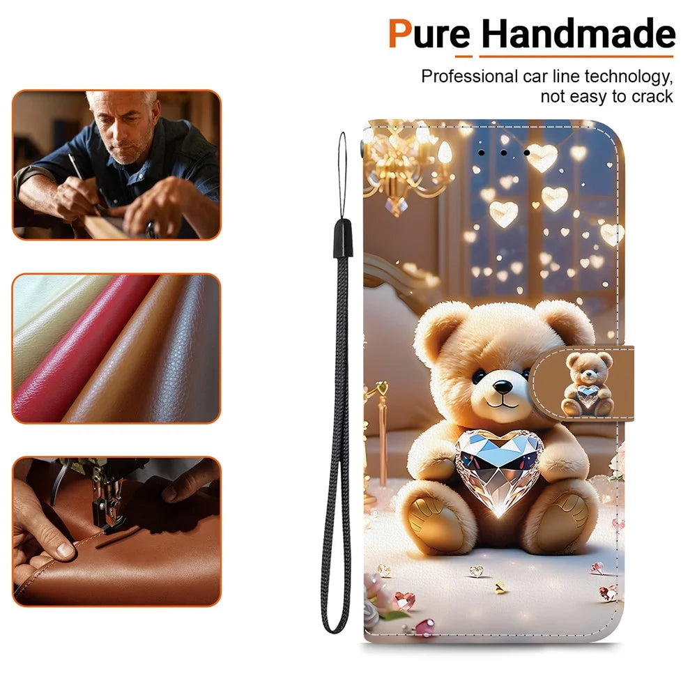 For Samsung Galaxy A18 5G / A17 5G / A17 4G / A26 5G Leather Case Stand Wallet Pattern Printing Phone Cover with Wrist Strap - Diamond Bear - 4