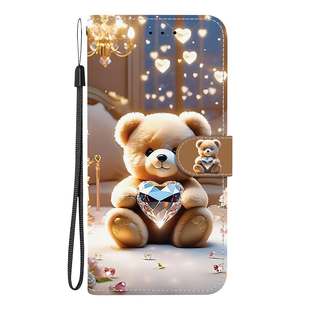 For Samsung Galaxy A18 5G / A17 5G / A17 4G / A26 5G Leather Case Stand Wallet Pattern Printing Phone Cover with Wrist Strap - Diamond Bear - 7