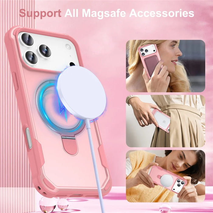 For iPhone 17 Pro Case Compatible with MagSafe Kickstand TPU + PC Shockproof Phone Back Cover - Pink - 5