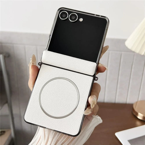 For Samsung Galaxy Z Flip7 5G Phone Magnetic Case Leather + PC Protective Cover - White - 1