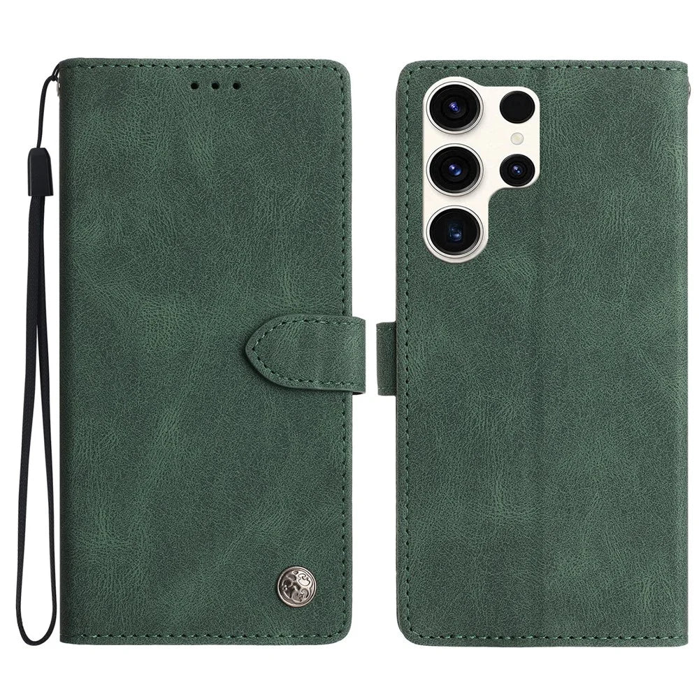 For Samsung Galaxy S24 Ultra Leather Case Solid Color Phone Wallet Cover - Green - 1