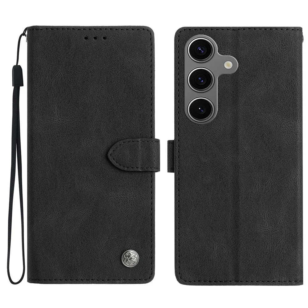 For Samsung Galaxy S24 FE Leather Case Solid Color Phone Wallet Cover - Black - 1