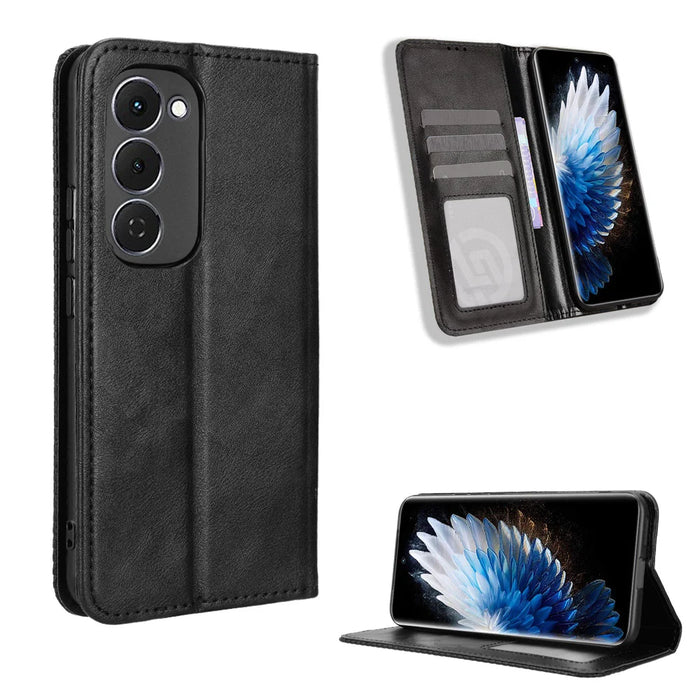 For TECNO Spark 40 Pro+ 4G Leather Case Wallet Stand Retro Texture Phone Cover - Black - 1