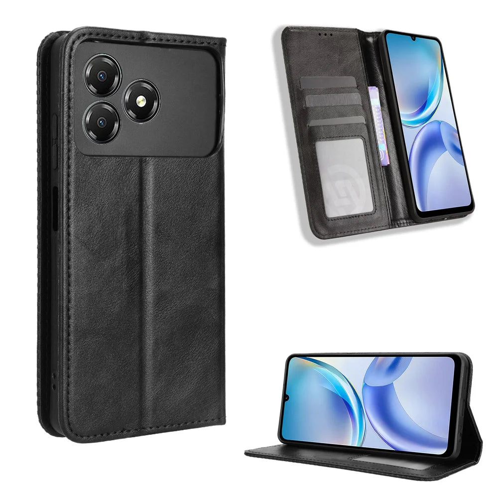 For ZTE Blade A36 Leather Case Wallet Stand Retro Texture Phone Cover - Black - 1