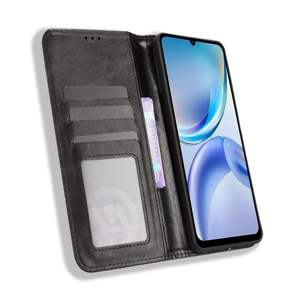 For ZTE Blade A36 Leather Case Wallet Stand Retro Texture Phone Cover - Black - 6