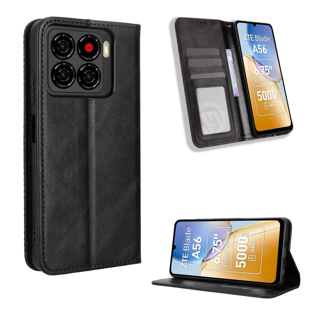 For ZTE Blade A56 Leather Case Wallet Stand Retro Texture Phone Cover - Black - 1