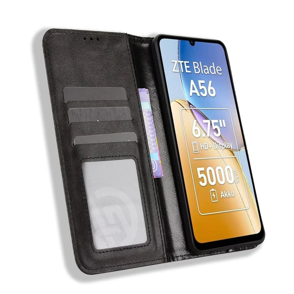For ZTE Blade A56 Leather Case Wallet Stand Retro Texture Phone Cover - Black - 6