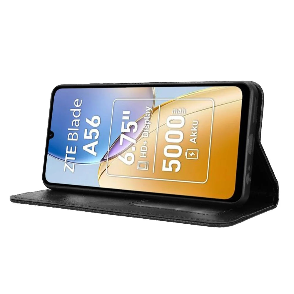For ZTE Blade A56 Leather Case Wallet Stand Retro Texture Phone Cover - Black - 7
