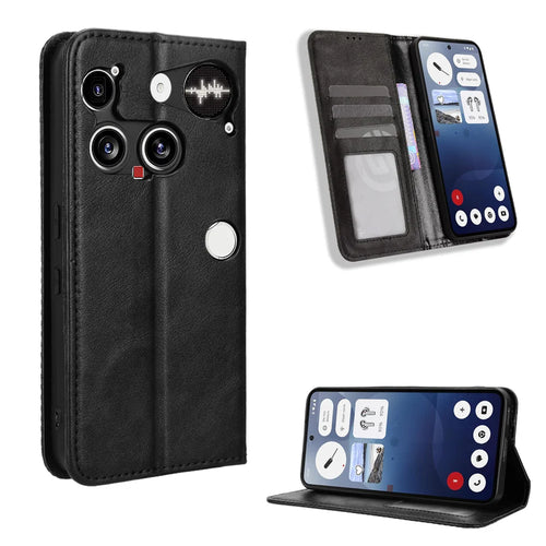 For Nothing Phone (3) 5G Leather Case Wallet Stand Retro Texture Phone Cover - Black - 1