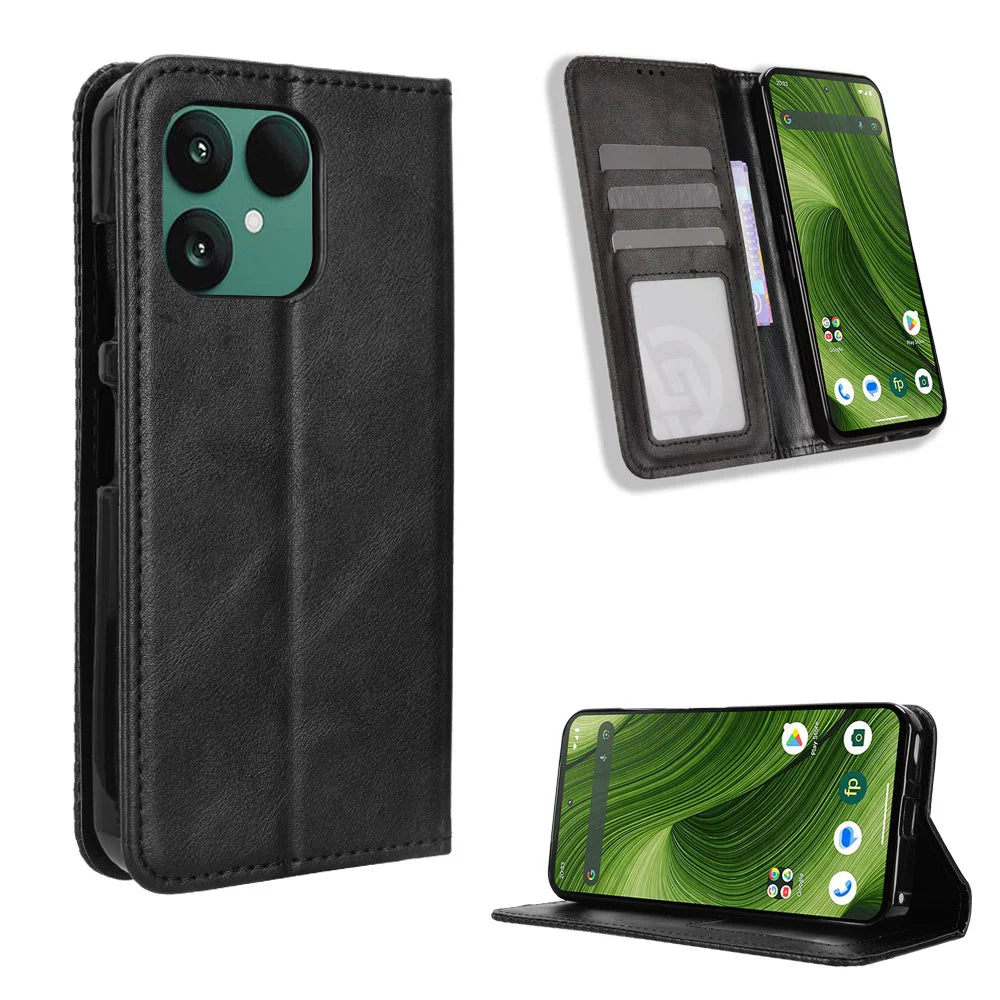 For Fairphone 6 Leather Case Wallet Stand Retro Texture Phone Cover - Black - 1
