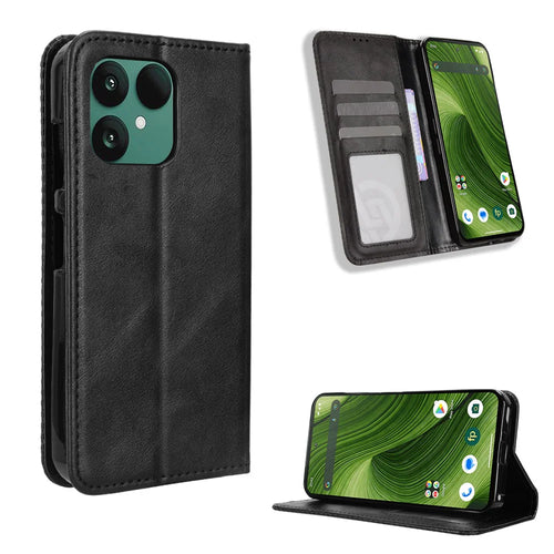 For Fairphone 6 Leather Case Wallet Stand Retro Texture Phone Cover - Black - 1