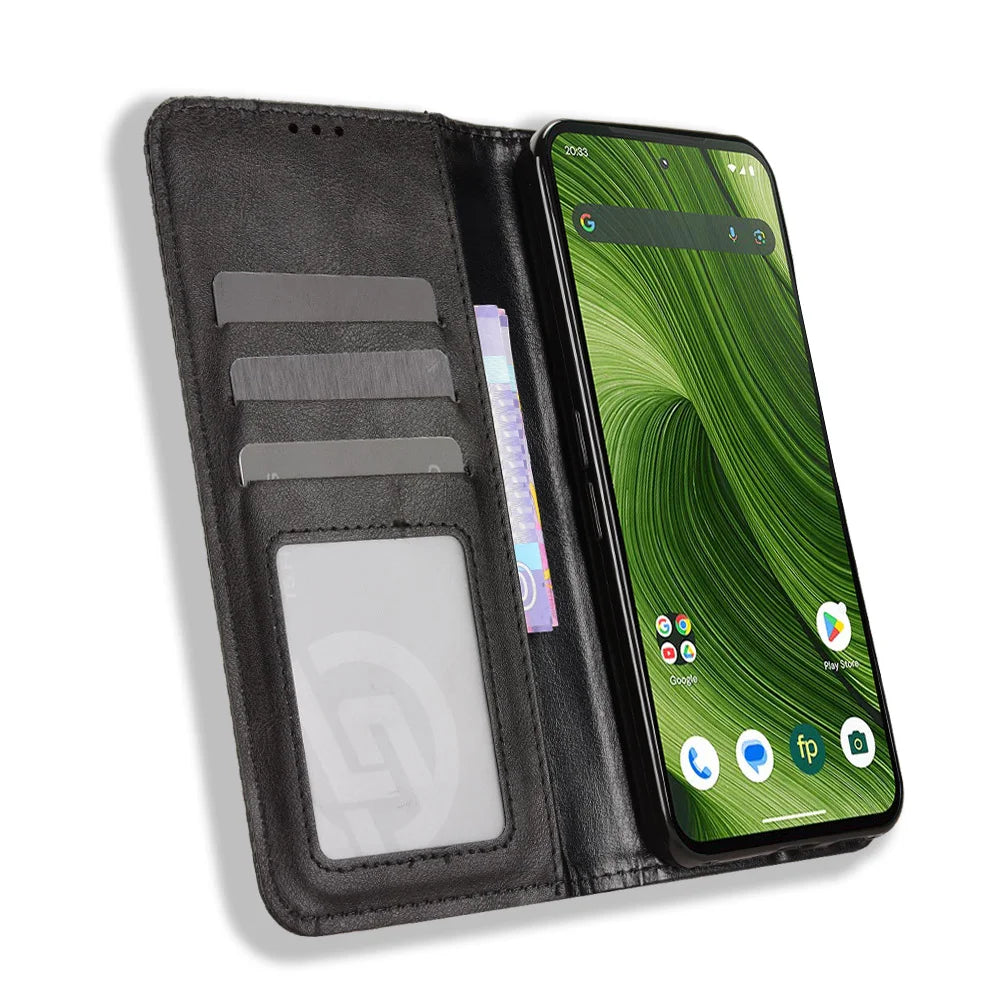 For Fairphone 6 Leather Case Wallet Stand Retro Texture Phone Cover - Black - 6