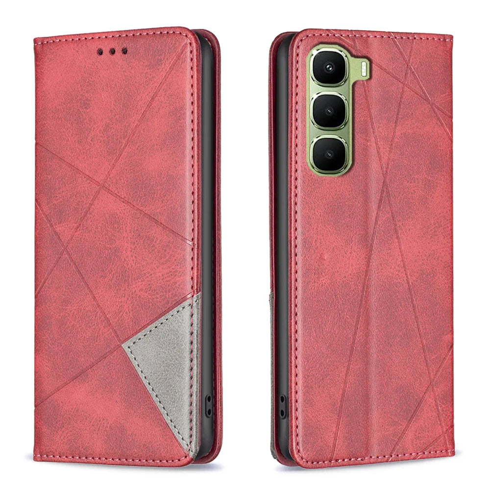 For Infinix Hot 60 Pro 4G Case Card Slots Geometry Imprint Leather Phone Cover - Red - 1