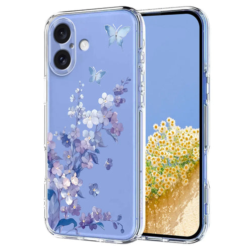 For iPhone 16 Plus Case Butterfly Floral Pattern Printing TPU Phone Back Cover - Violets - 1
