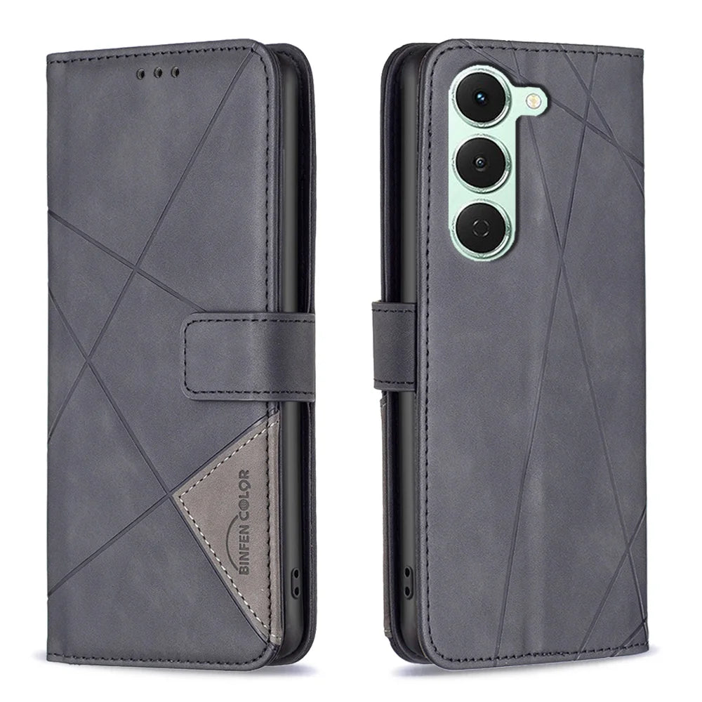 BINFEN COLOR For TECNO Spark 40 Pro+ 4G Phone Case  Wallet Stand Geometry Imprint Leather Cover - Black - 1