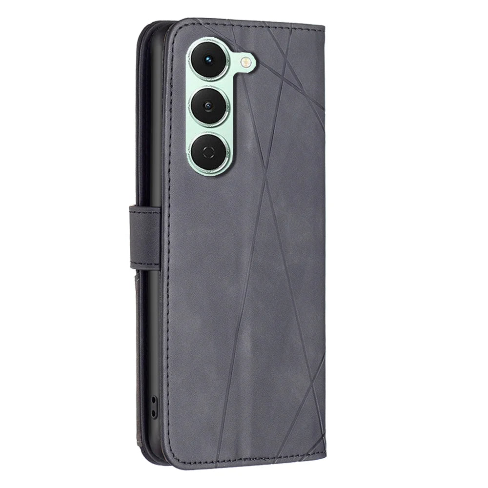 BINFEN COLOR For TECNO Spark 40 Pro+ 4G Phone Case  Wallet Stand Geometry Imprint Leather Cover - Black - 3
