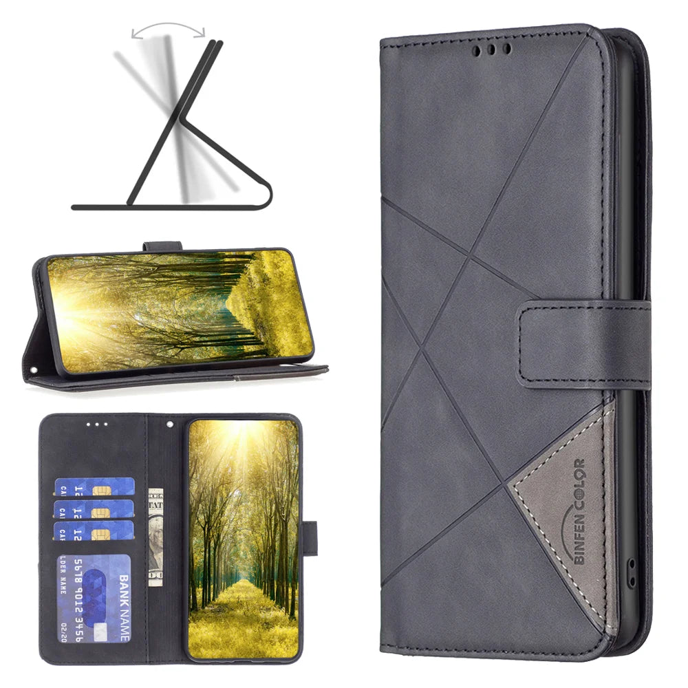 BINFEN COLOR For TECNO Spark 40 Pro+ 4G Phone Case  Wallet Stand Geometry Imprint Leather Cover - Black - 4