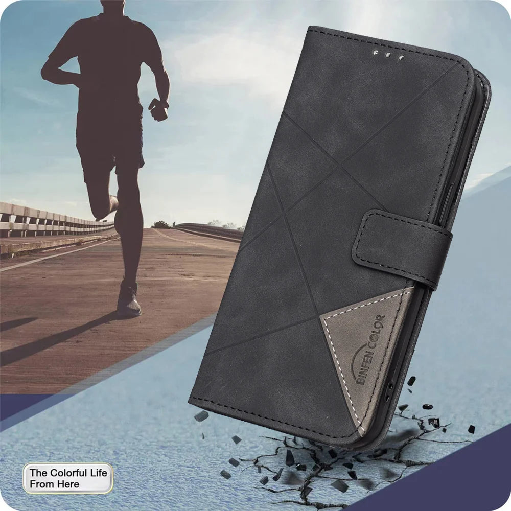BINFEN COLOR For TECNO Spark 40 Pro+ 4G Phone Case  Wallet Stand Geometry Imprint Leather Cover - Black - 7