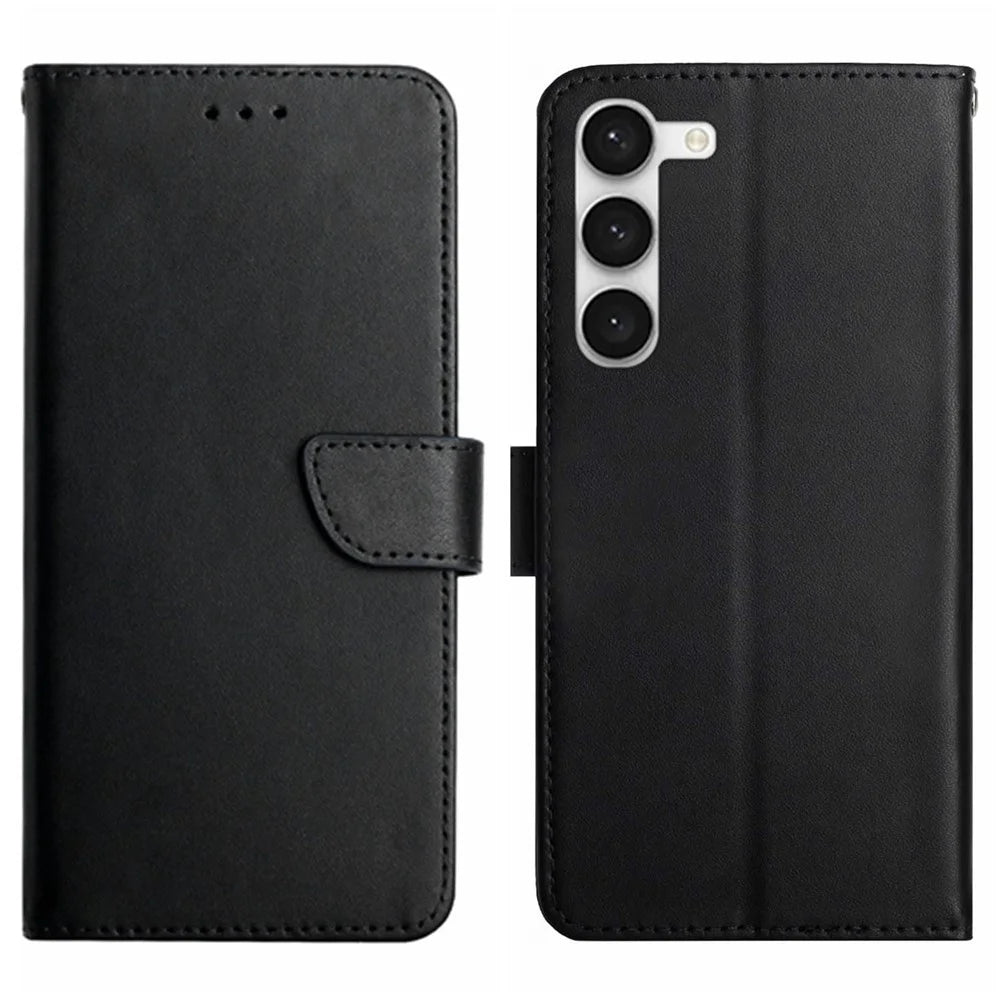 For Samsung Galaxy S23 HT02 Nappa Texture Phone Case Genuine Leather Stand Wallet Full Protection Cover - Black - 1