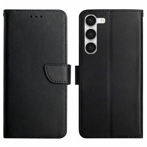 For Samsung Galaxy S23 HT02 Nappa Texture Phone Case Genuine Leather Stand Wallet Full Protection Cover - Black - 1