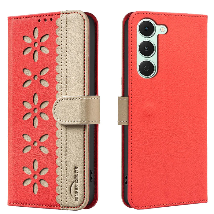 BINFEN COLOR For TECNO Spark 40 Pro+ 4G Leather Case  BF36 Floral Pattern Phone Cover RFID Blocking Wallet Stand - Red - 1