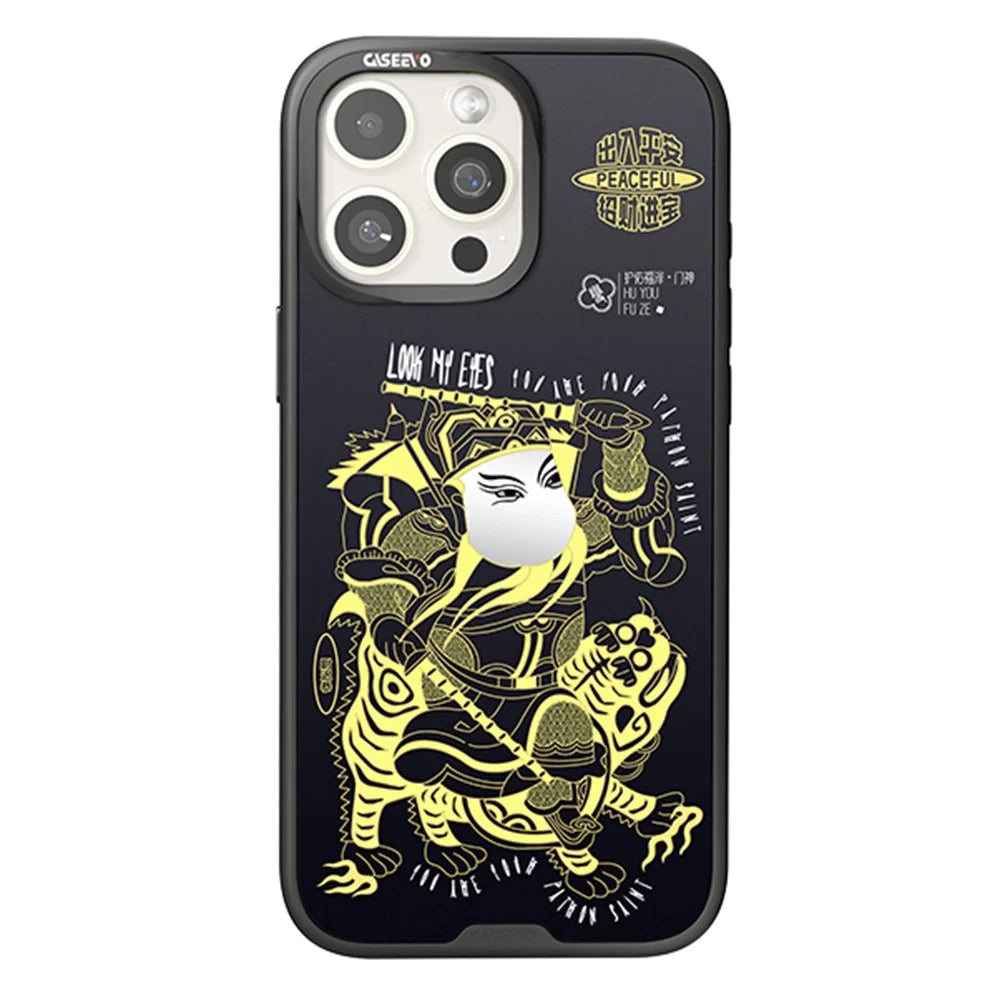 CASEEVO For iPhone 16 Pro Case with Detachable Door-god Backplate TPU Acrylic Phone Cover Compatible with MagSafe - Black Gold Yuchi Gong - 1