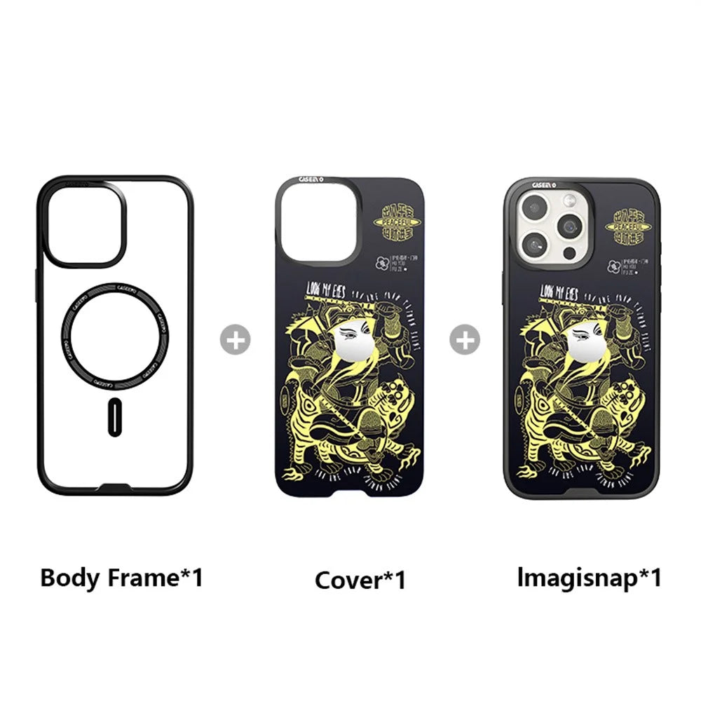 CASEEVO For iPhone 15 Pro Max Case with Detachable Door-god Backplate TPU Acrylic Phone Cover Compatible with MagSafe - Black Gold Yuchi Gong - 3