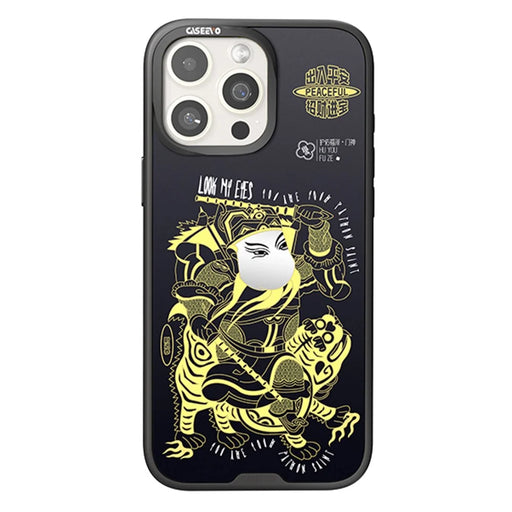 CASEEVO For iPhone 14 Pro Case with Detachable Door-god Backplate TPU Acrylic Phone Cover Compatible with MagSafe - Black Gold Yuchi Gong - 1