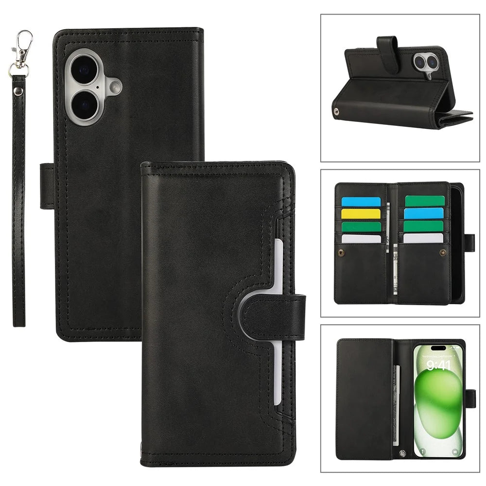 For iPhone 17 Case Split Leather Magnetic Wallet Phone Protector with Wrist Strap - Black - 1