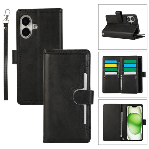 For iPhone 17 Case Split Leather Magnetic Wallet Phone Protector with Wrist Strap - Black - 1