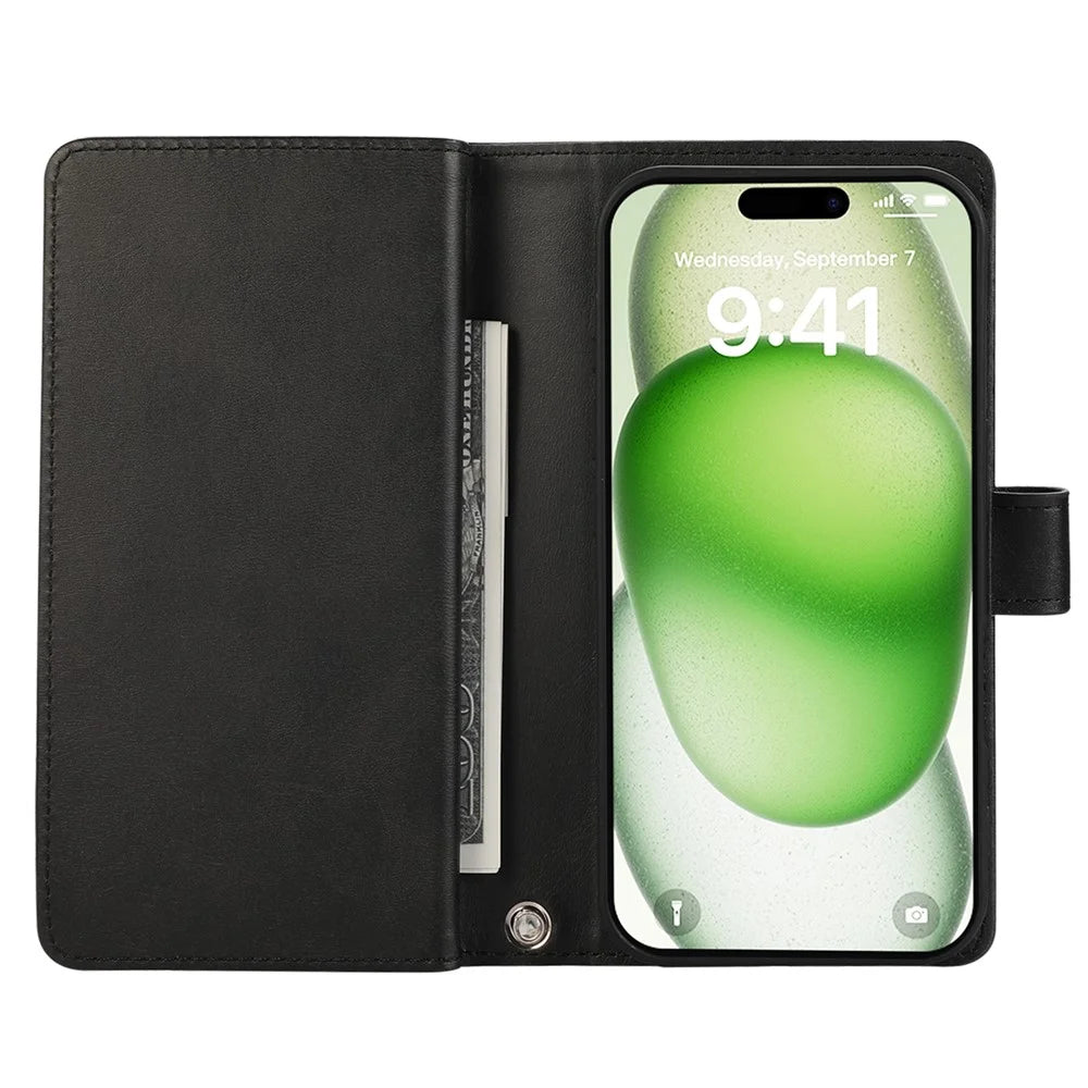 For iPhone 17 Case Split Leather Magnetic Wallet Phone Protector with Wrist Strap - Black - 2