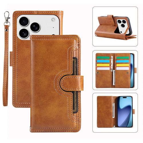 For iPhone 18 Pro / 17 Pro Case Split Leather Magnetic Wallet Phone Protector with Wrist Strap - Brown - 1