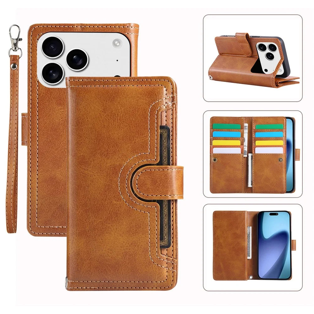 For iPhone 18 Pro / 17 Pro Case Split Leather Magnetic Wallet Phone Protector with Wrist Strap - Brown - 1