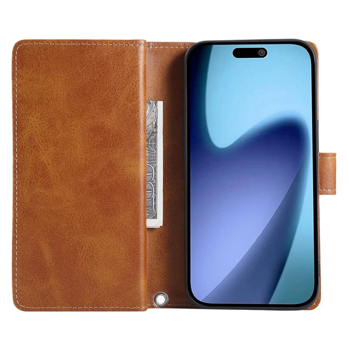 For iPhone 18 Pro / 17 Pro Case Split Leather Magnetic Wallet Phone Protector with Wrist Strap - Brown - 2