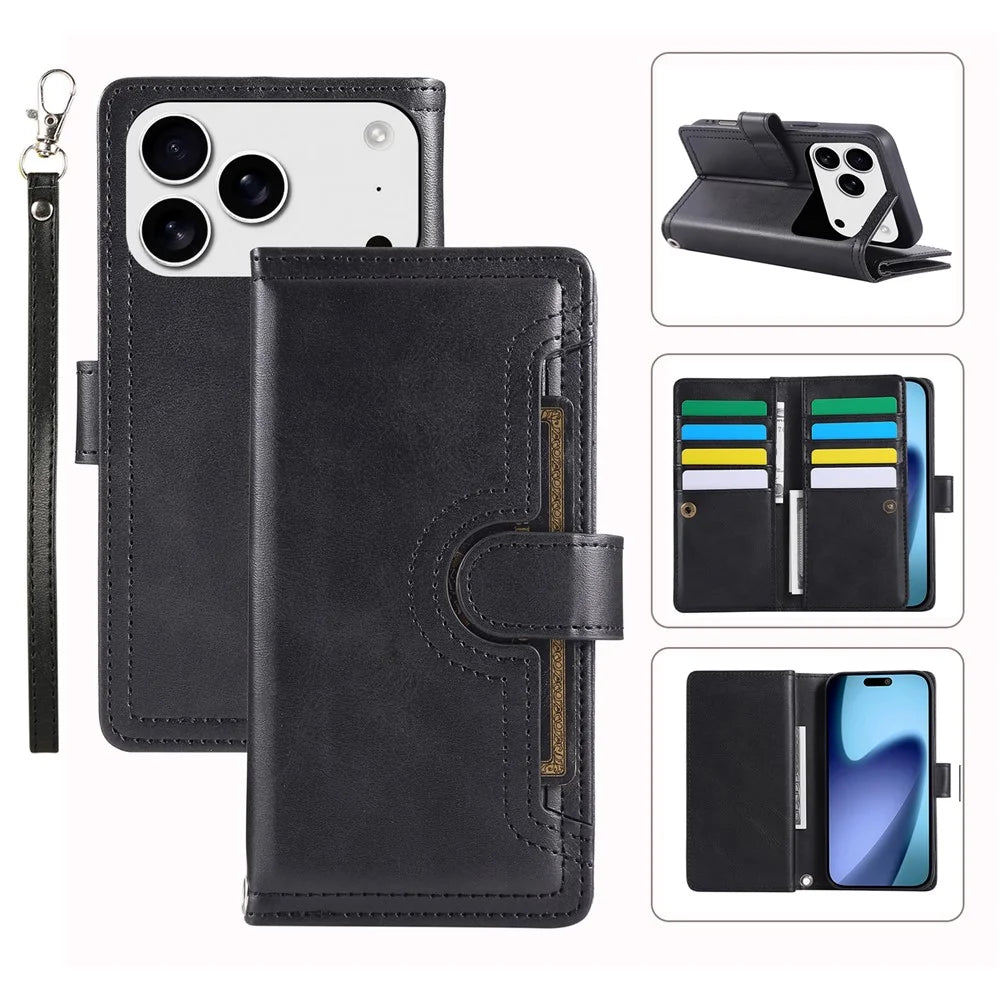 For iPhone 18 Pro Max / 17 Pro Max Case Split Leather Magnetic Wallet Phone Protector with Wrist Strap - Black - 1