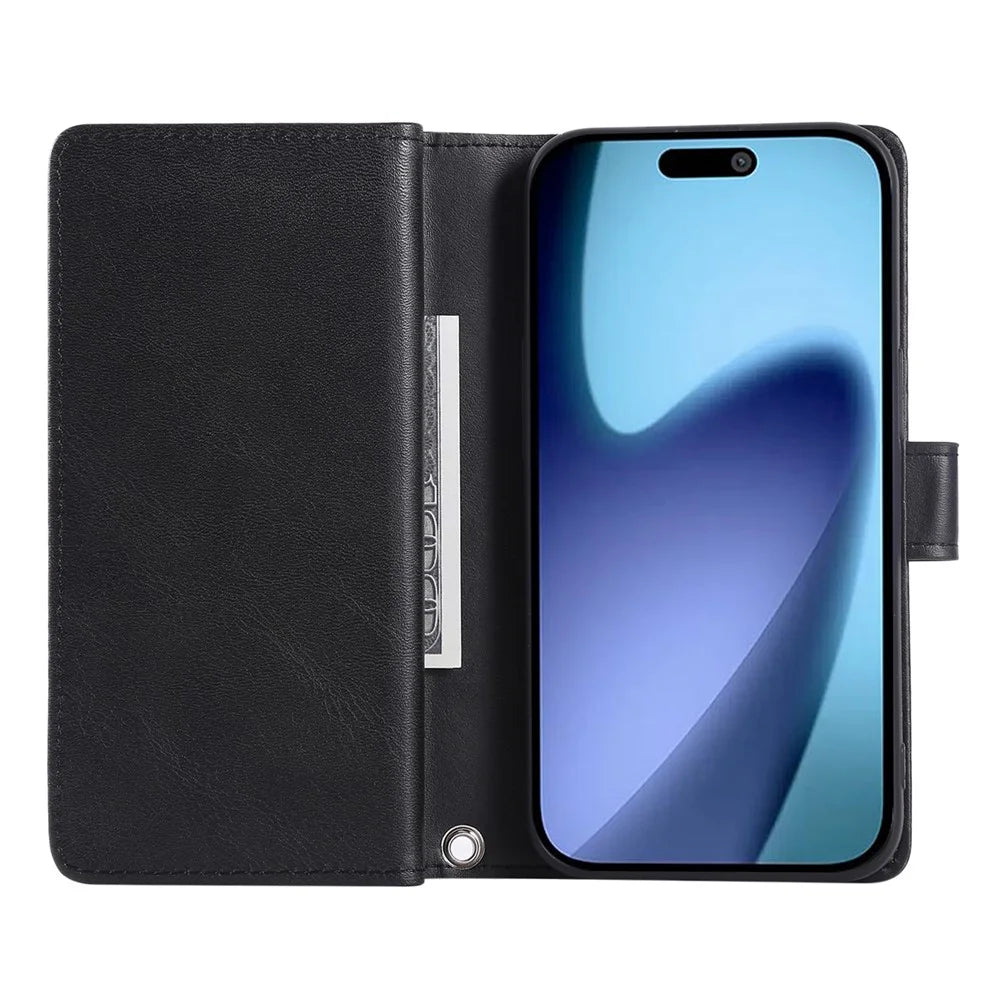 For iPhone 18 Pro Max / 17 Pro Max Case Split Leather Magnetic Wallet Phone Protector with Wrist Strap - Black - 2