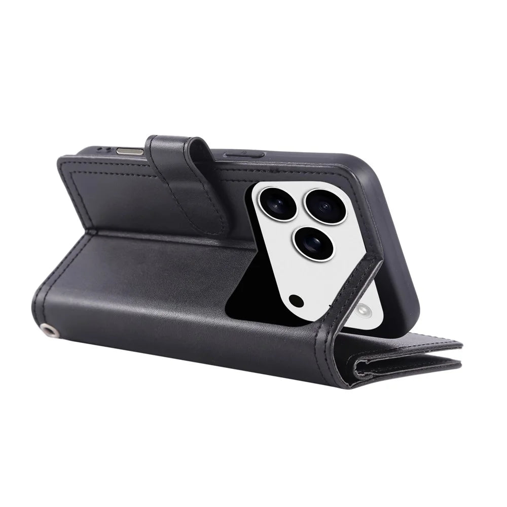 For iPhone 18 Pro Max / 17 Pro Max Case Split Leather Magnetic Wallet Phone Protector with Wrist Strap - Black - 4
