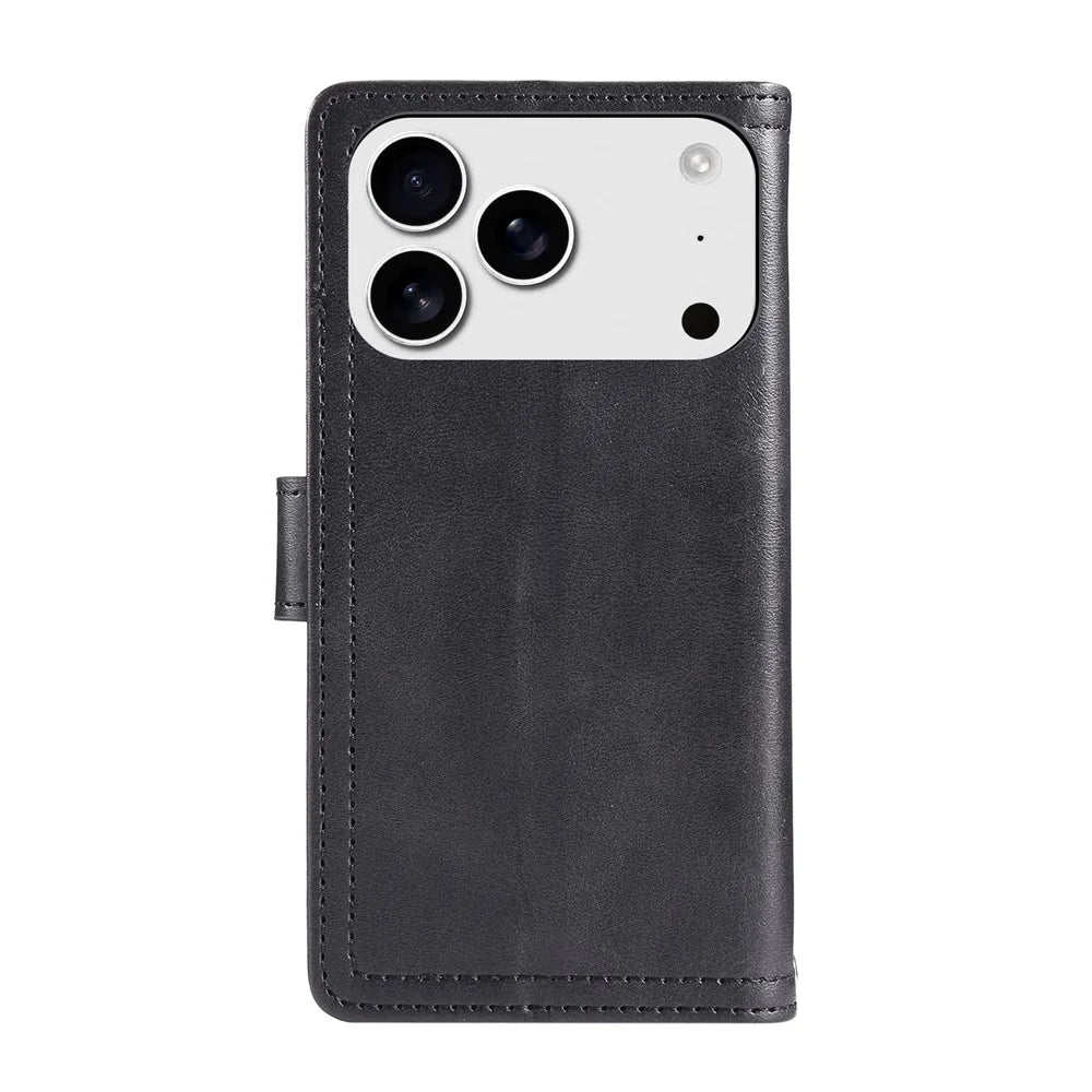 For iPhone 18 Pro Max / 17 Pro Max Case Split Leather Magnetic Wallet Phone Protector with Wrist Strap - Black - 6